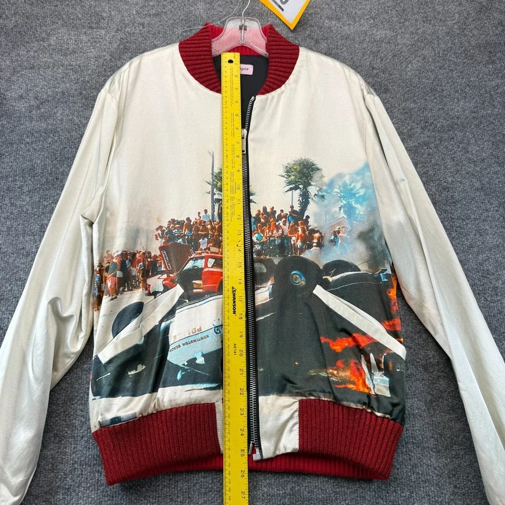 Palm Angels Riot Souvenir Bomber Jacket Mens 50 US Large Cream Graphic Car Crash